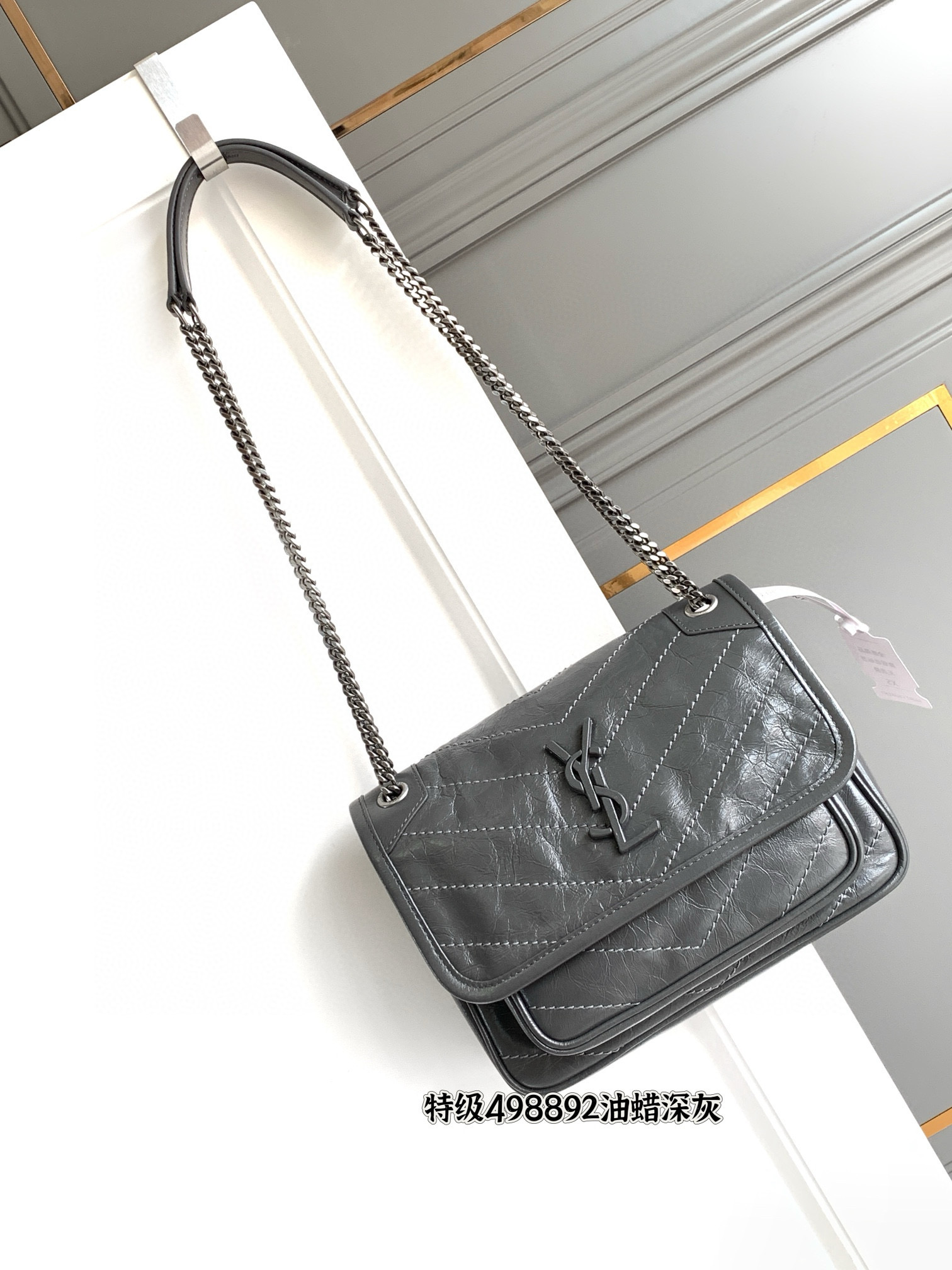 SAINT LAURENT NIKI BABY 흑니켈 그레이 엠보 크링클 레더 체인백 9