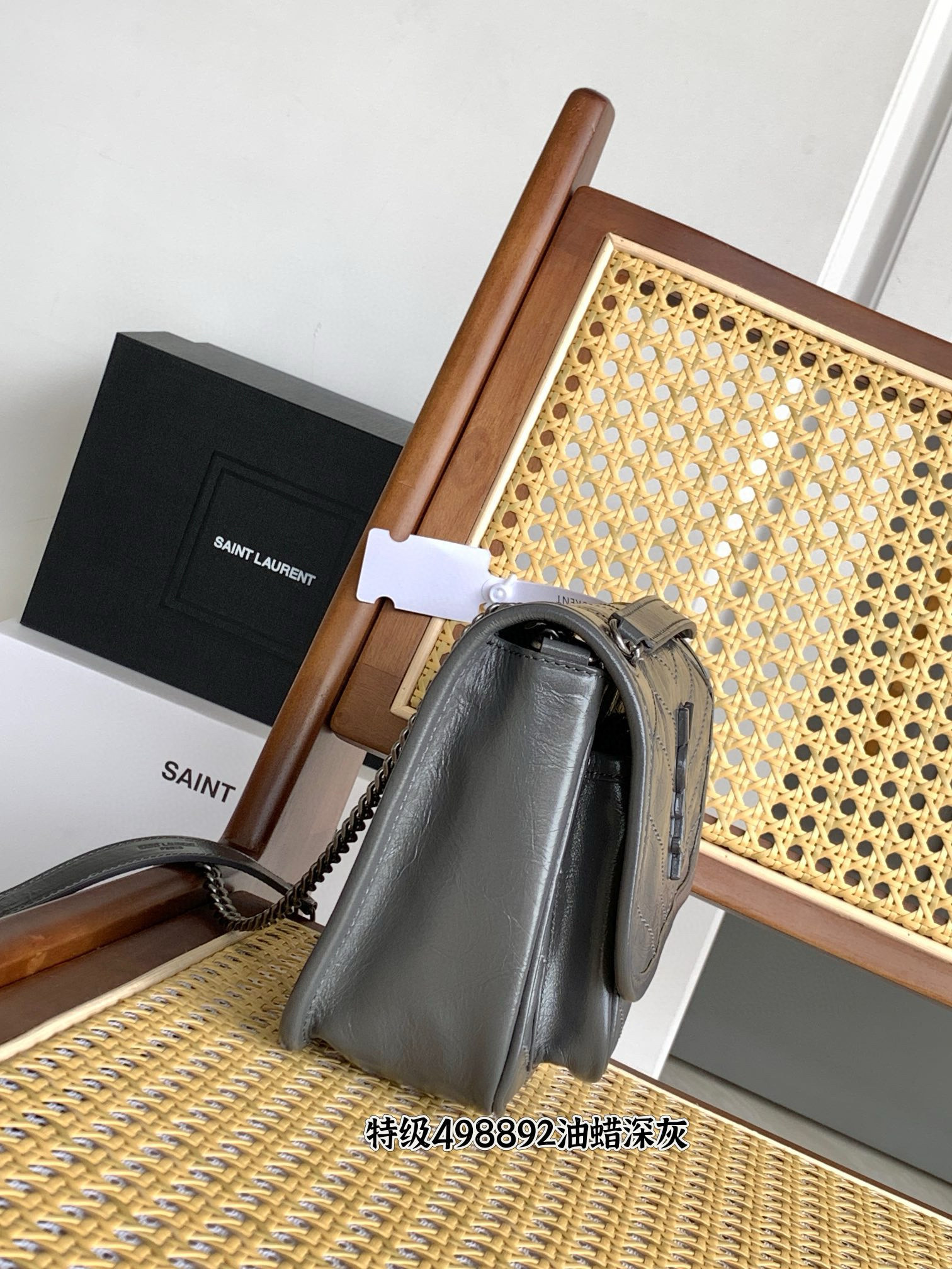 SAINT LAURENT NIKI BABY 흑니켈 그레이 엠보 크링클 레더 체인백 11