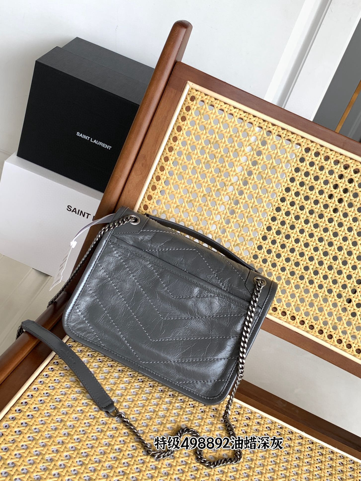 SAINT LAURENT NIKI BABY 흑니켈 그레이 엠보 크링클 레더 체인백 12