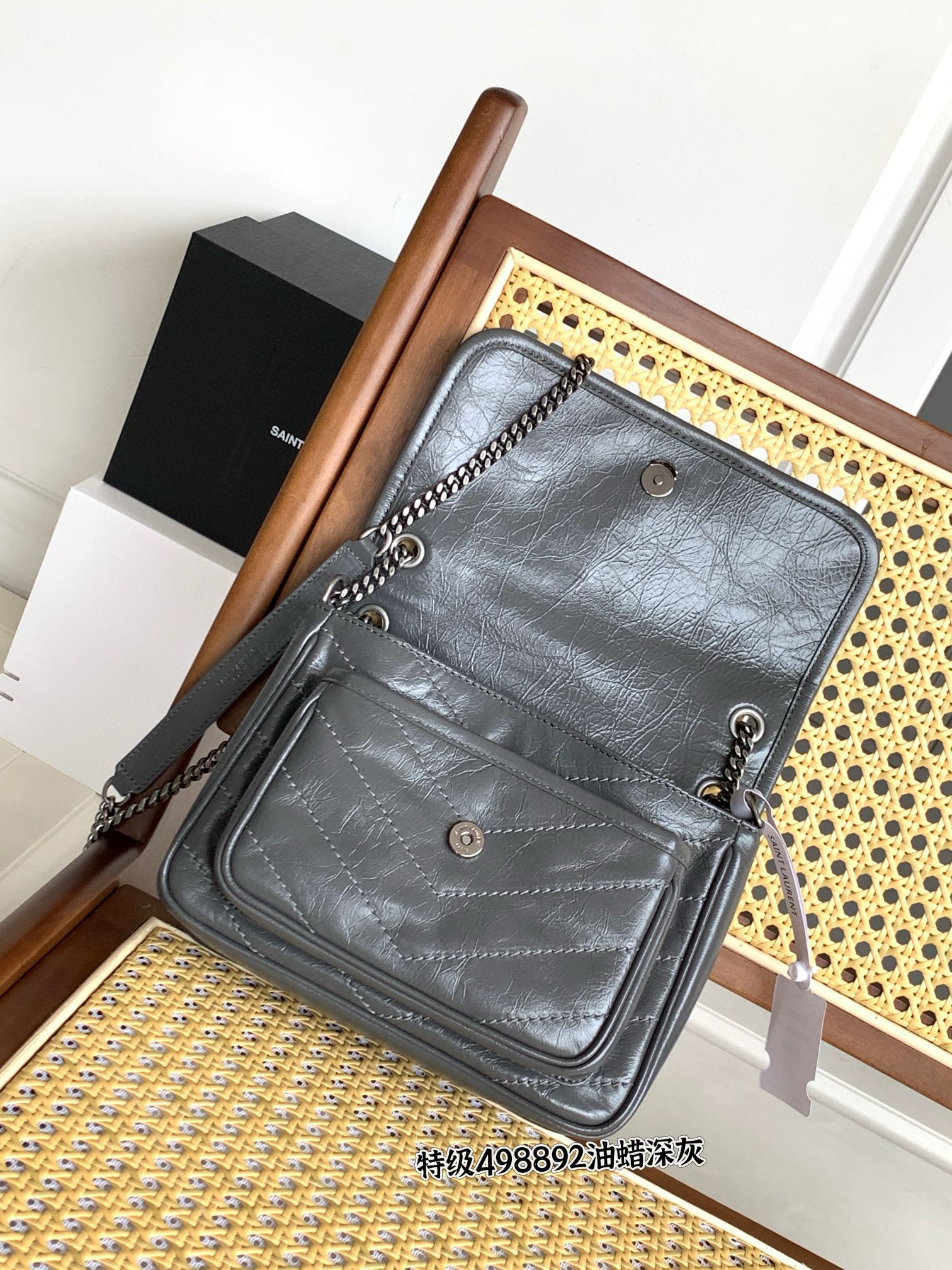 SAINT LAURENT NIKI BABY 흑니켈 그레이 엠보 크링클 레더 체인백 16