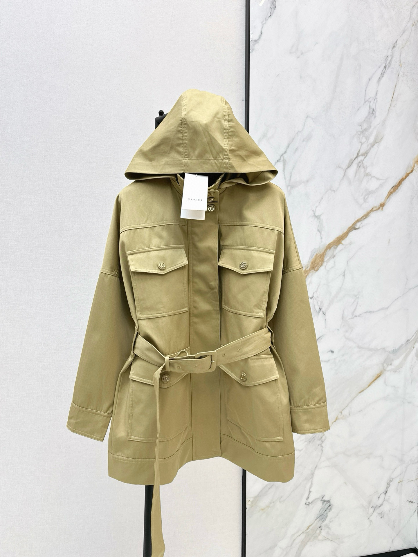 Gucci 구찌 베이지 벨티드 후드 미들 코트 11