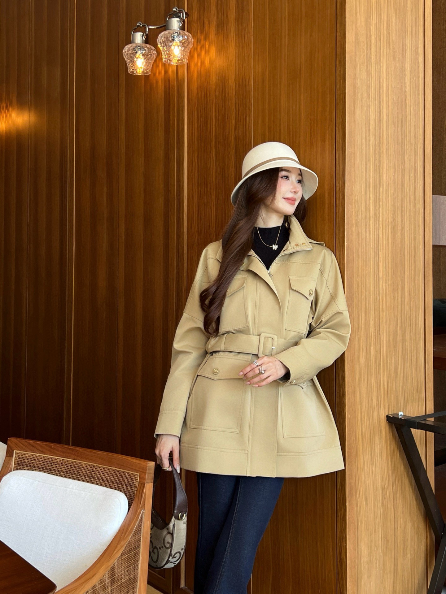 Gucci 구찌 베이지 벨티드 후드 미들 코트 5