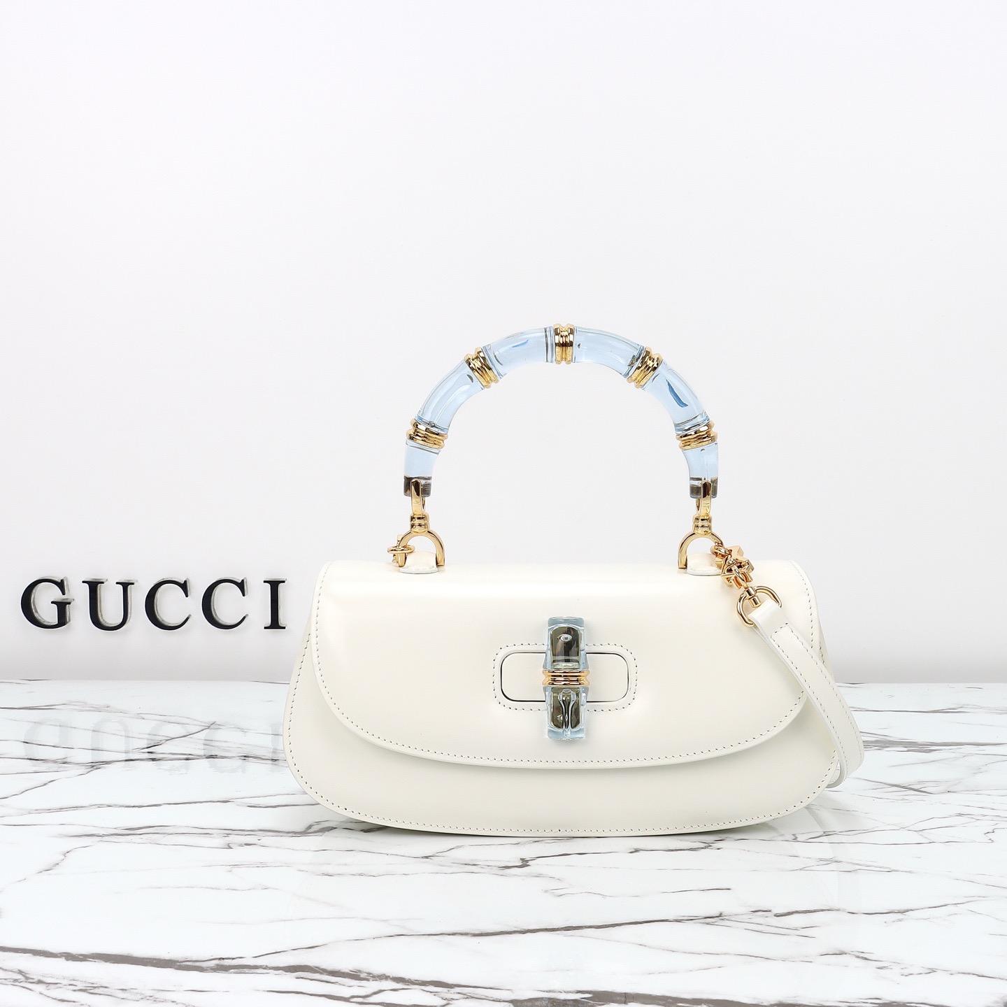 Gucci 구찌 뱀부 1947 탑핸들백 스무스 레더 화이트 블루 뱀부 핸들 골드 하드웨어 10