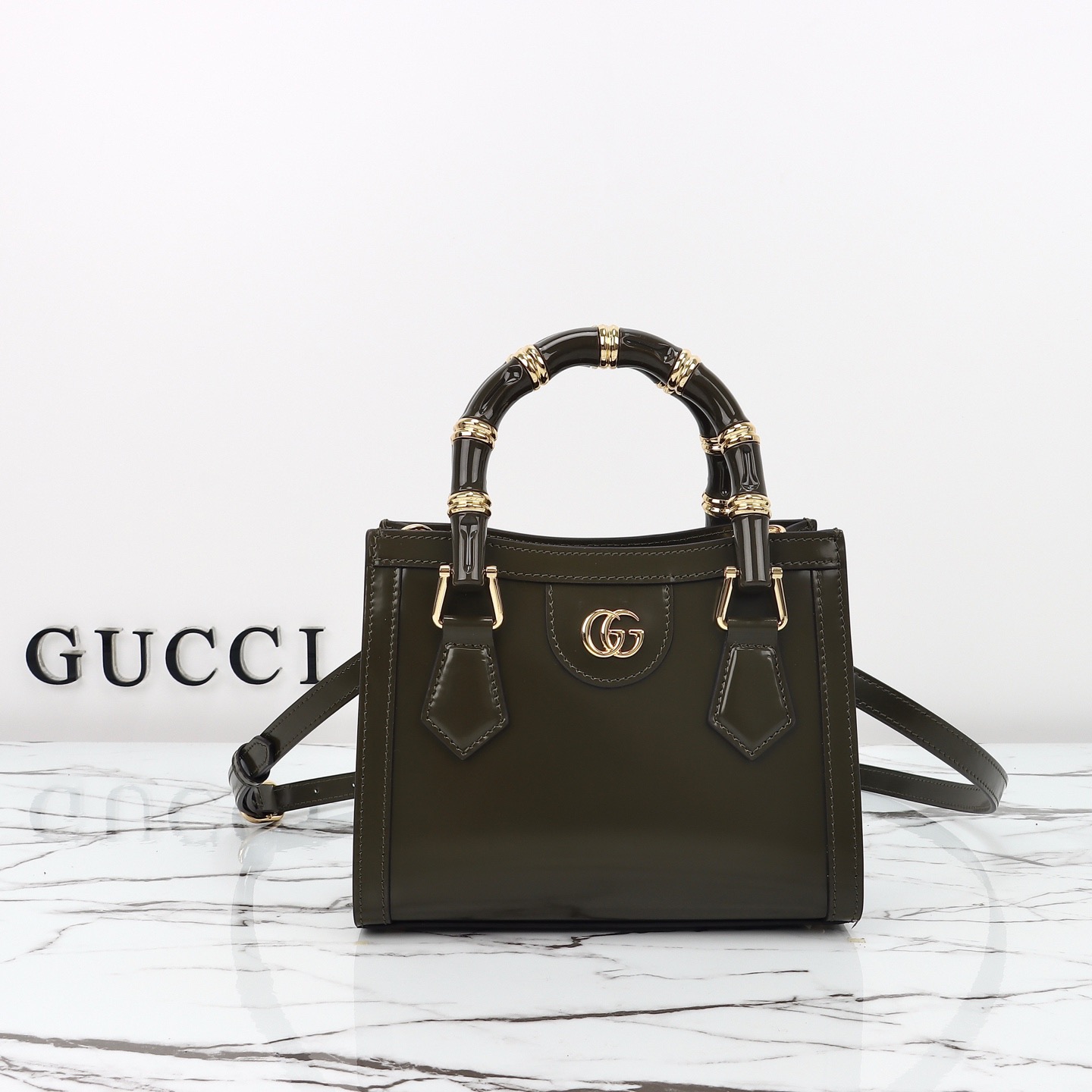 Gucci 구찌 뱀부 핸들 미니 토트백 페이턴트 레더 포레스트 그린 GHW 3