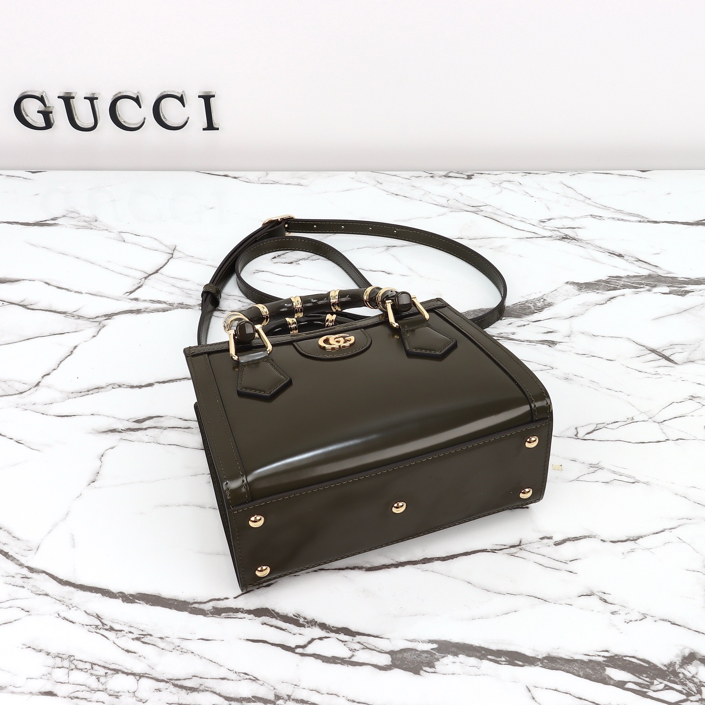 Gucci 구찌 뱀부 핸들 미니 토트백 페이턴트 레더 포레스트 그린 GHW 10