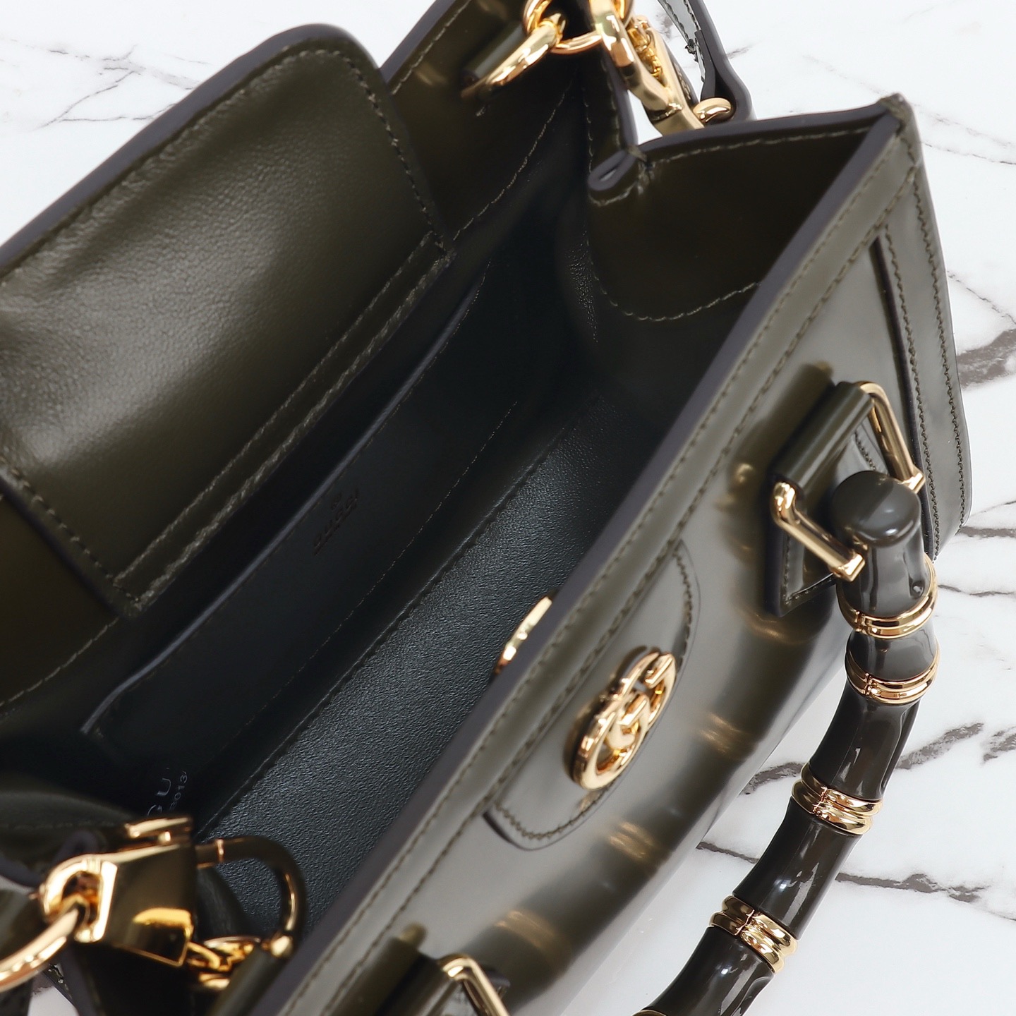 Gucci 구찌 뱀부 핸들 미니 토트백 페이턴트 레더 포레스트 그린 GHW 11