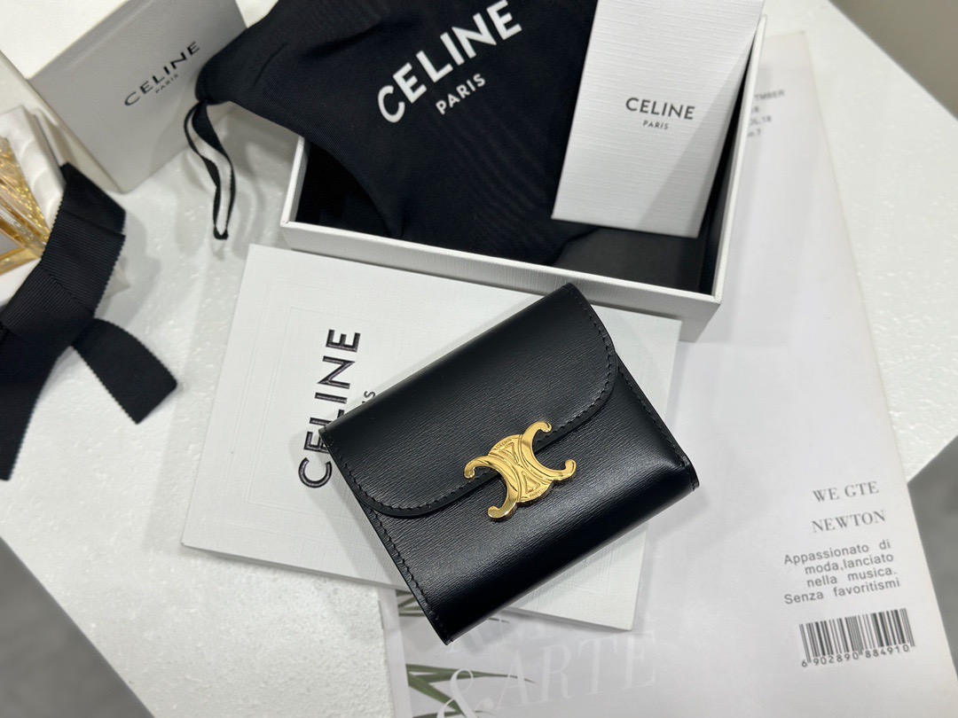 Celine 셀린느 트리오페 미니 플랩 반지갑 스무스 카프스킨 블랙 골드 3
