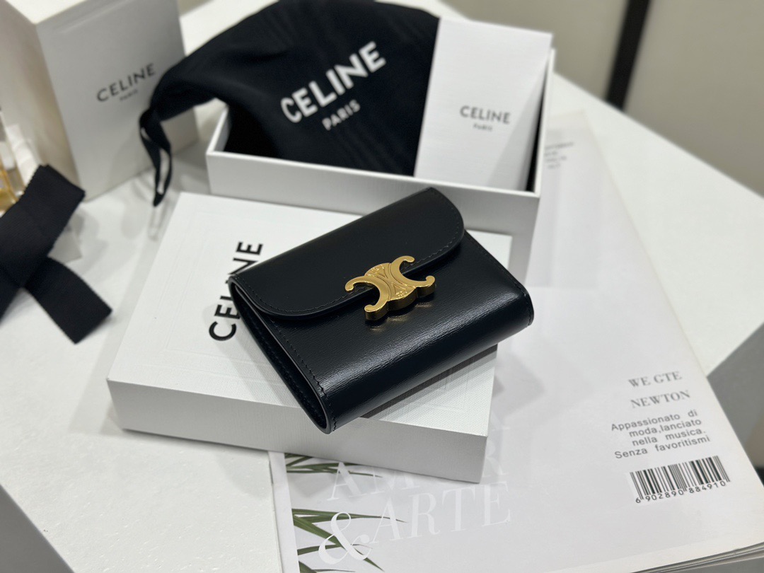 Celine 셀린느 트리오페 미니 플랩 반지갑 스무스 카프스킨 블랙 골드 5