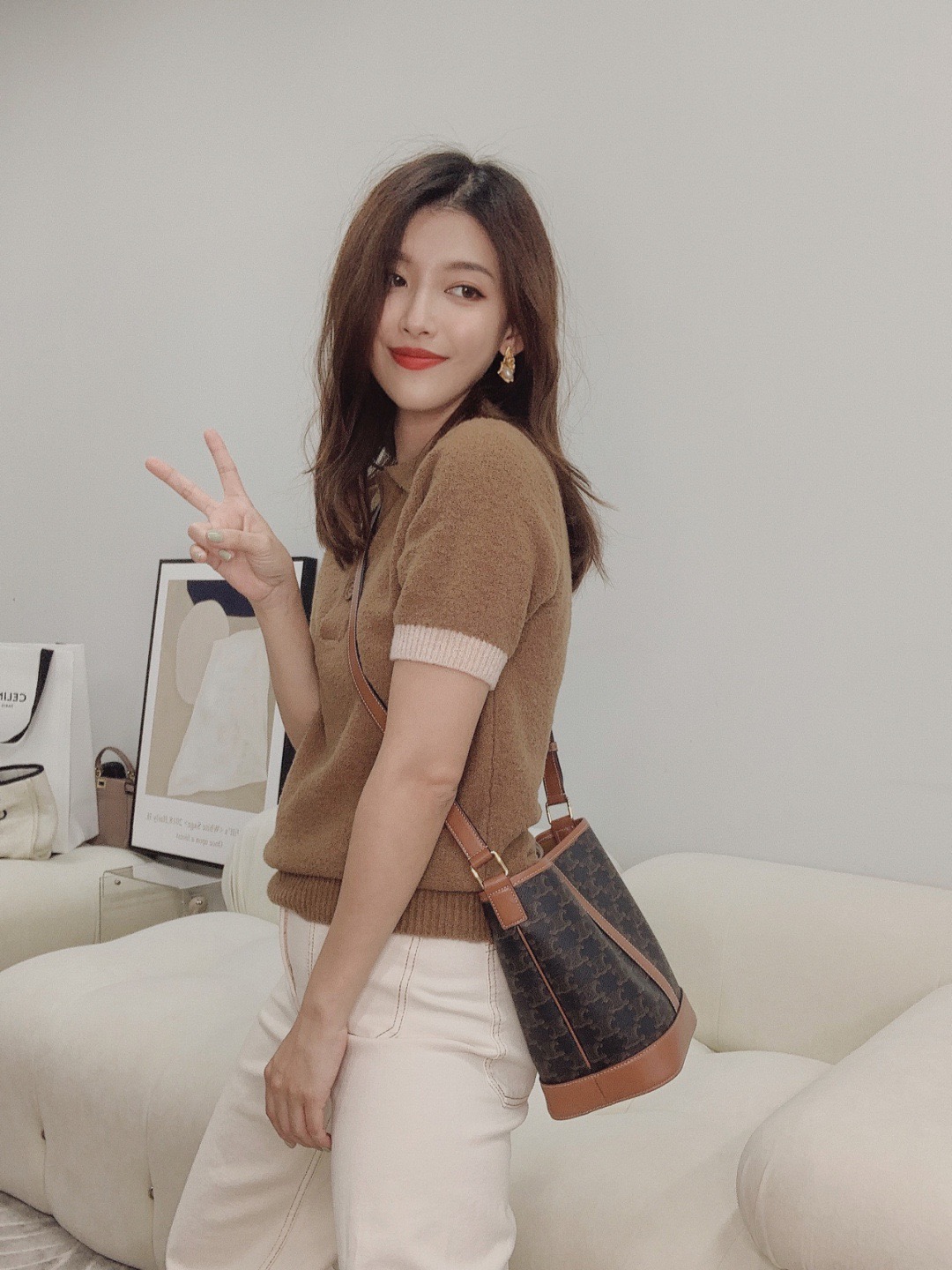 Celine 셀린느 트리오페 캔버스 미니 버킷백 코팅 캔버스 카프스킨 브라운 1