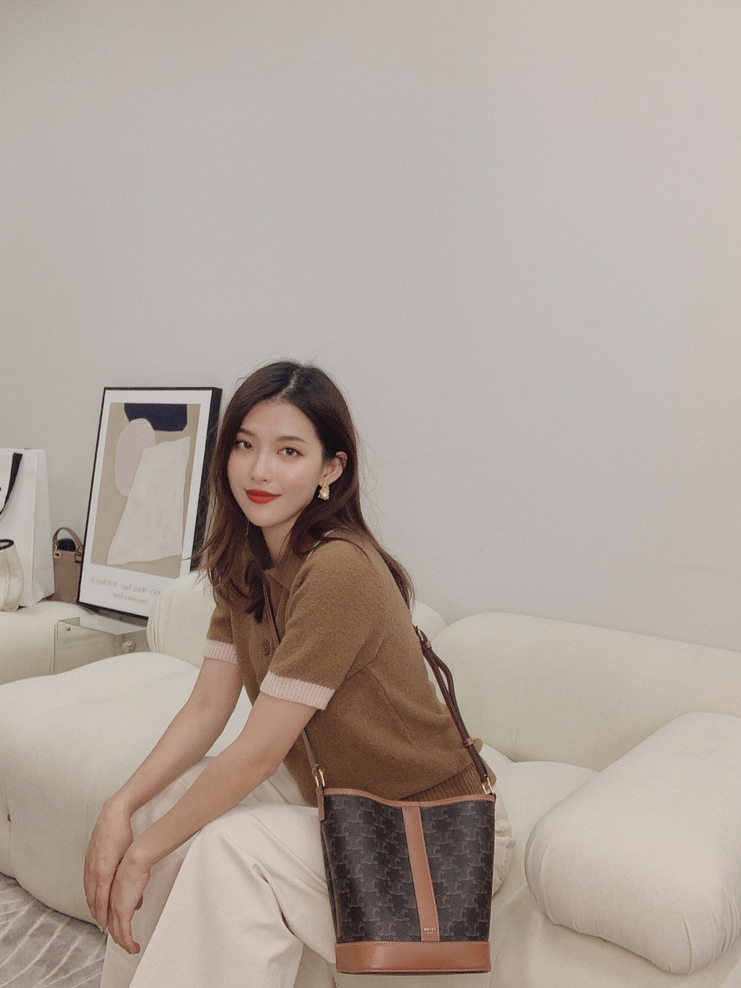 Celine 셀린느 트리오페 캔버스 미니 버킷백 코팅 캔버스 카프스킨 브라운 2