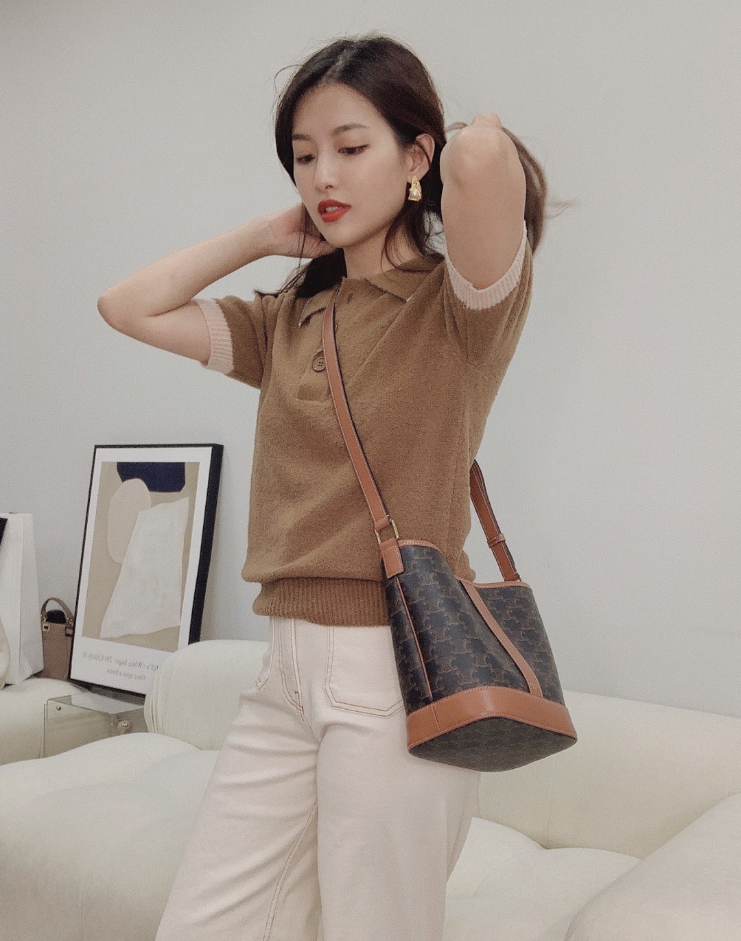 Celine 셀린느 트리오페 캔버스 미니 버킷백 코팅 캔버스 카프스킨 브라운 3