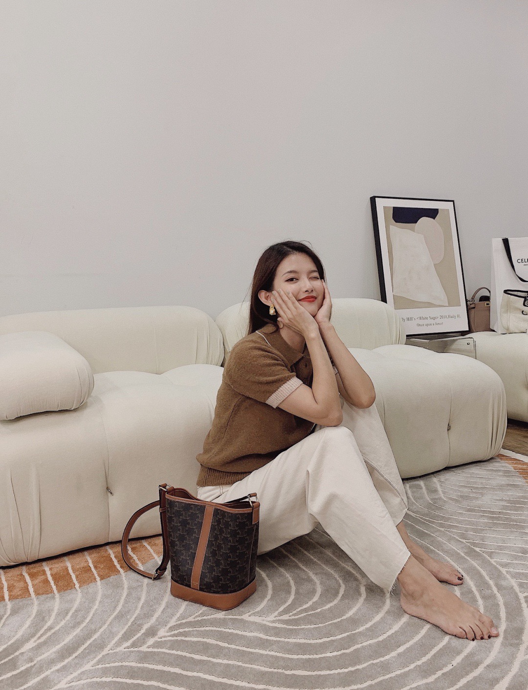 Celine 셀린느 트리오페 캔버스 미니 버킷백 코팅 캔버스 카프스킨 브라운 4