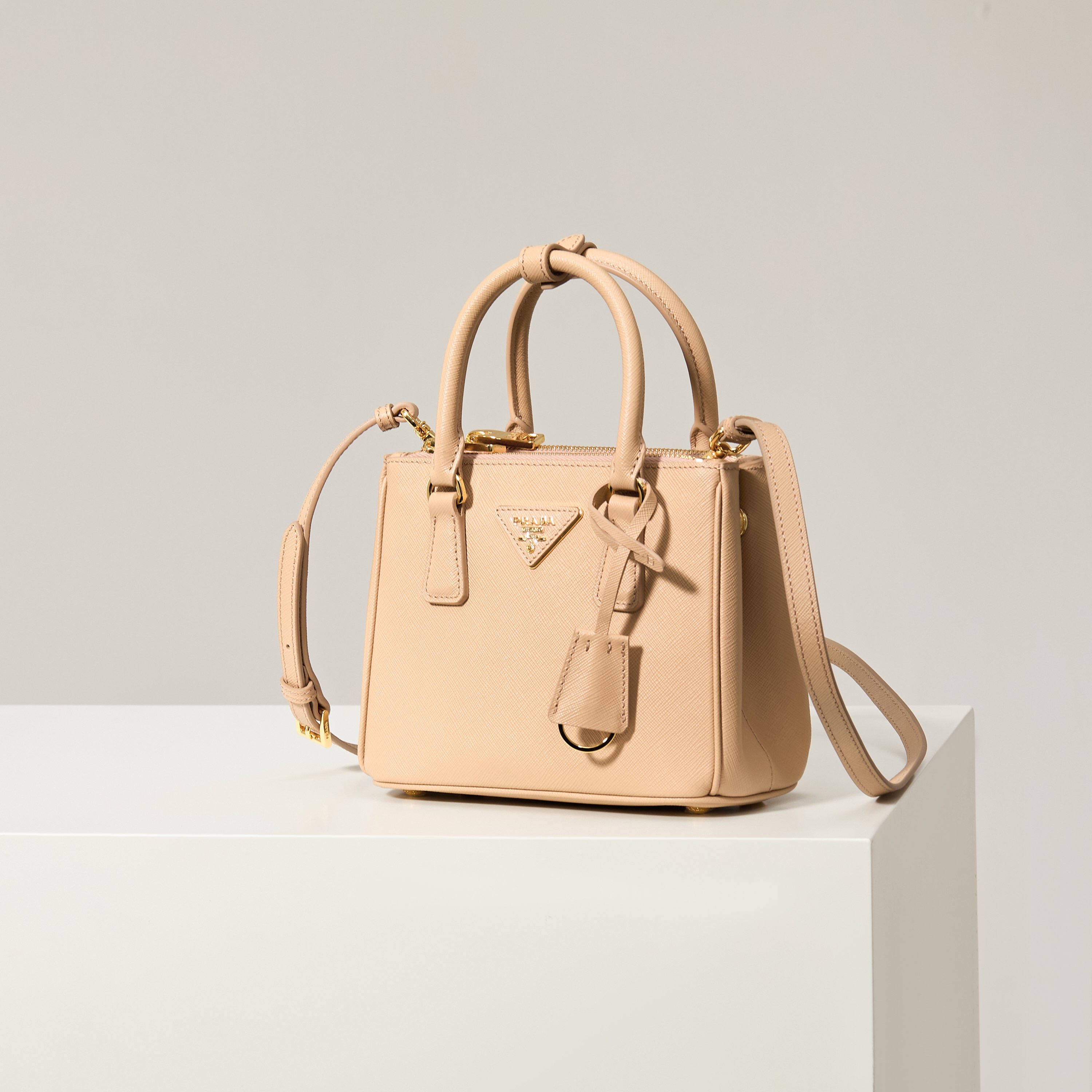 Prada 프라다 미니 갤러리아 토트백 사피아노 레더 카멜 핑크 골드 20cm 10