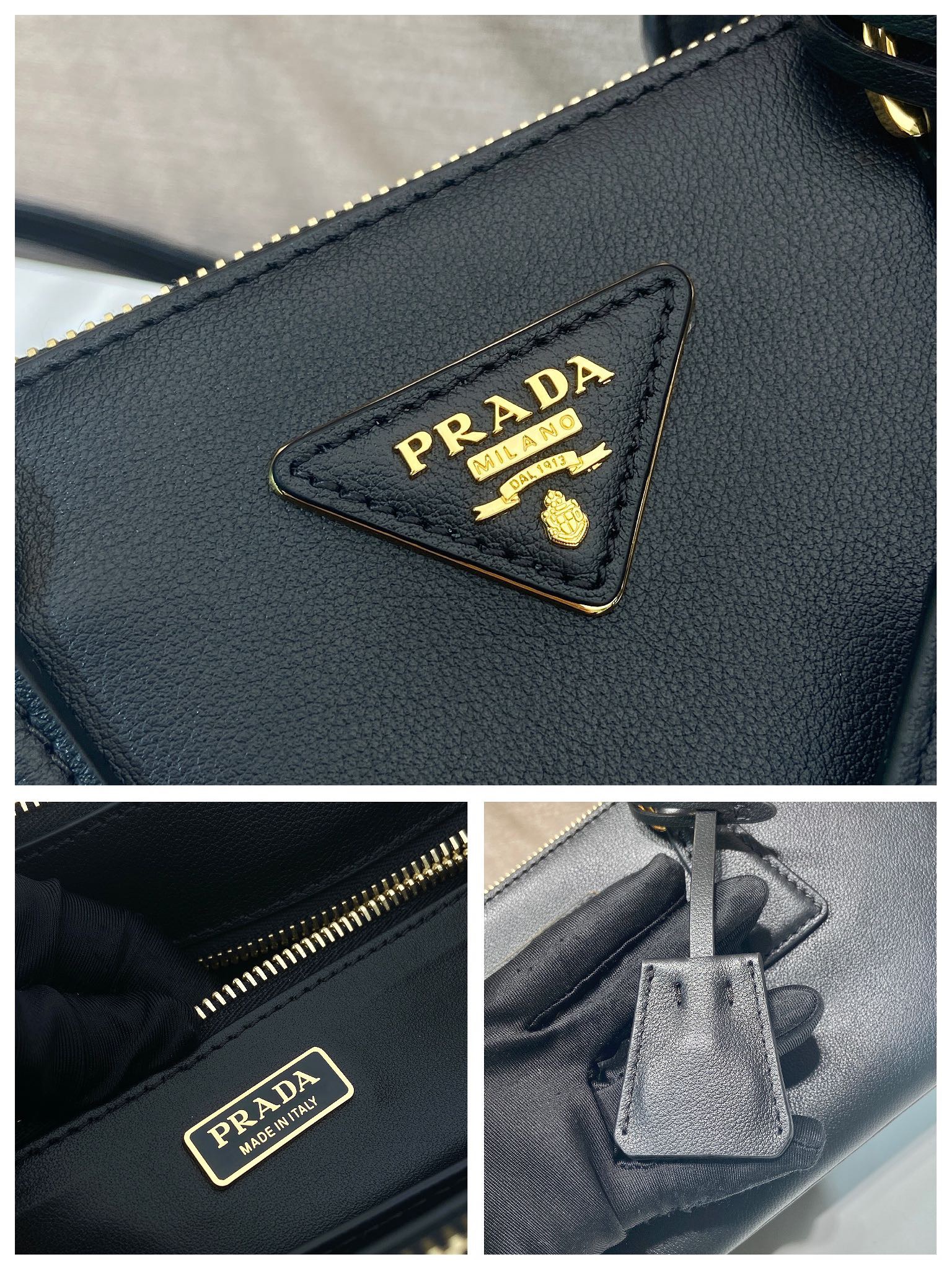 Prada 프라다 1BA457 더블 핸들 토트백 레더 블랙 골드 28cm 9