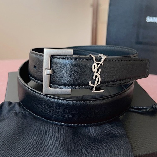 SAINT LAURENT Monogram Leather Belt 생로랑 모노그램 가죽 벨트 폭 3cm 실버