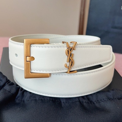 SAINT LAURENT Monogram Leather Belt White 생로랑 모노그램 가죽 벨트 폭 3cm 화이트