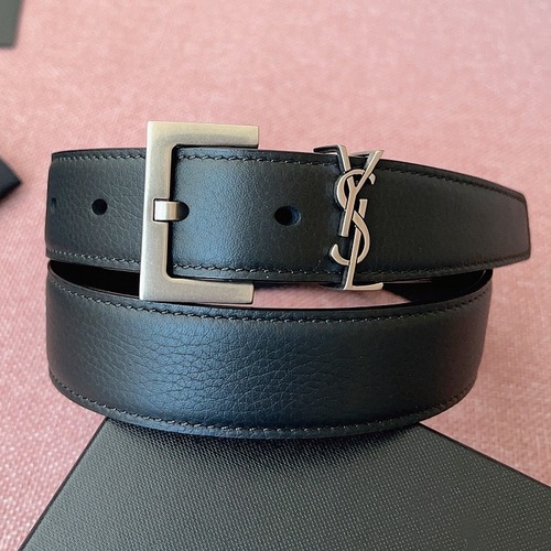 SAINT LAURENT Monogram Leather Belt Black 생로랑 모노그램 가죽 벨트 폭3cm 실버