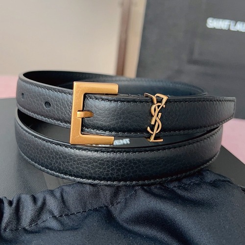 SAINT LAURENT Slim Monogram Leather Belt Black 생로랑 슬림 모노그램 가죽 벨트 폭 2cm 브론즈