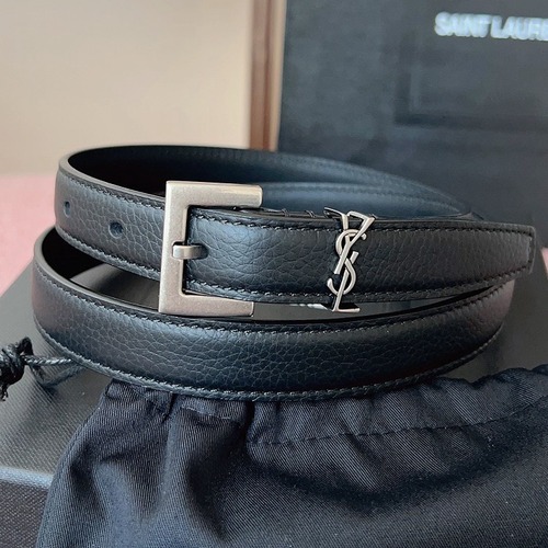 SAINT LAURENT Slim Monogram Leather Belt Black 생로랑 슬림 모노그램 가죽 벨트 폭 2cm 실버