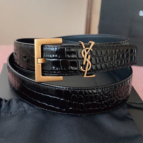 SAINT LAURENT Croc-Embossed Monogram Leather Belt 생로랑 크로커 엠보 모노그램 가죽 벨트 폭3cm 브론즈