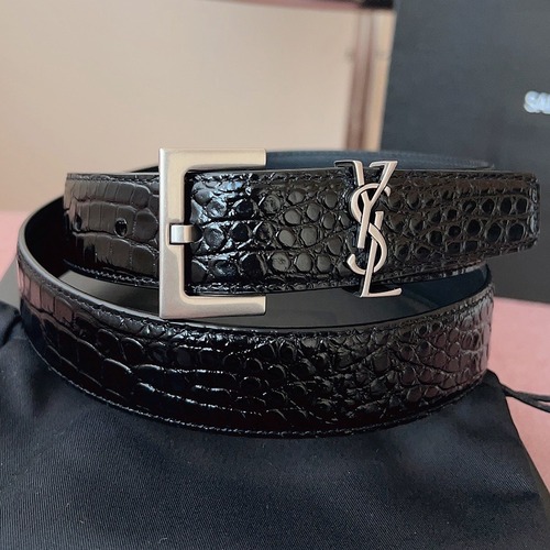 SAINT LAURENT Croc-Embossed Monogram Leather Belt 생로랑 크로커 엠보 모노그램 가죽 벨트 폭3cm 실버