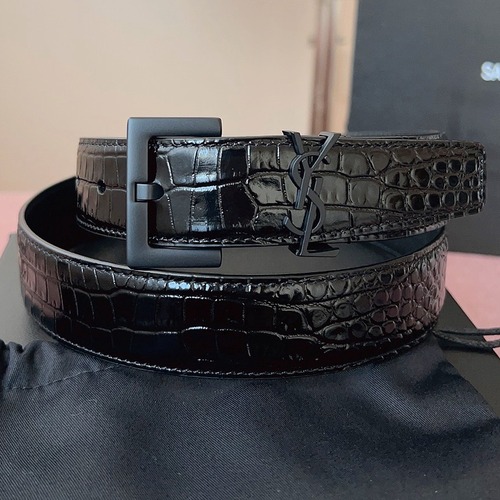 SAINT LAURENT Croc-Embossed Monogram Leather Belt 생로랑 크로커 엠보 모노그램 가죽 벨트 폭3cm 블랙