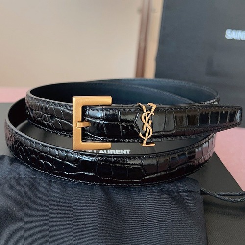 SAINT LAURENT Slim Croc-Embossed Monogram Leather Belt 생로랑 슬림 크로커 엠보 모노그램 가죽 벨트 브론즈