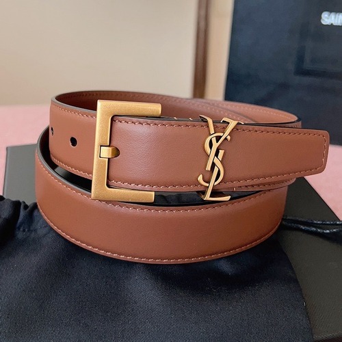 SAINT LAURENT Monogram Leather Belt Brown 생로랑 모노그램 가죽 벨트 브라운 3cm 폭
