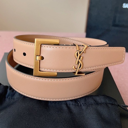 SAINT LAURENT Monogram Leather Belt Brown 생로랑 모노그램 가죽 벨트 핑크 3cm 폭