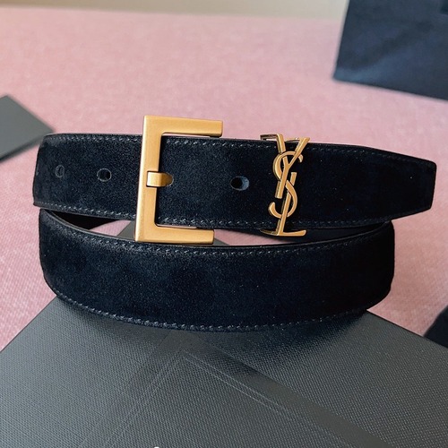 SAINT LAURENT Suede Monogram Leather Belt Black 생로랑 스웨이드 모노그램 가죽 벨트 3cm폭 골드버클