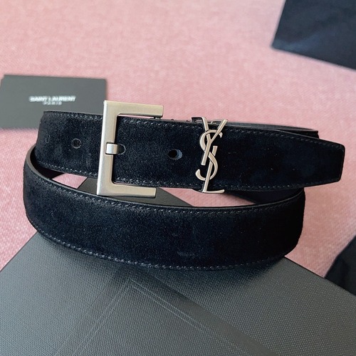 SAINT LAURENT Suede Monogram Leather Belt Black 생로랑 스웨이드 모노그램 가죽 벨트 3cm폭 실버버클