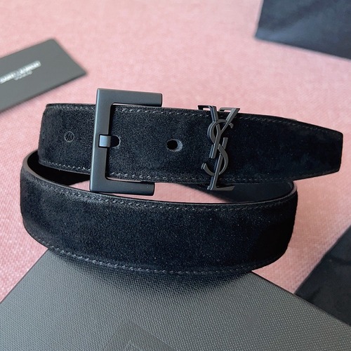 SAINT LAURENT Suede Monogram Leather Belt Black 생로랑 스웨이드 모노그램 가죽 벨트 3cm폭 블랙버클