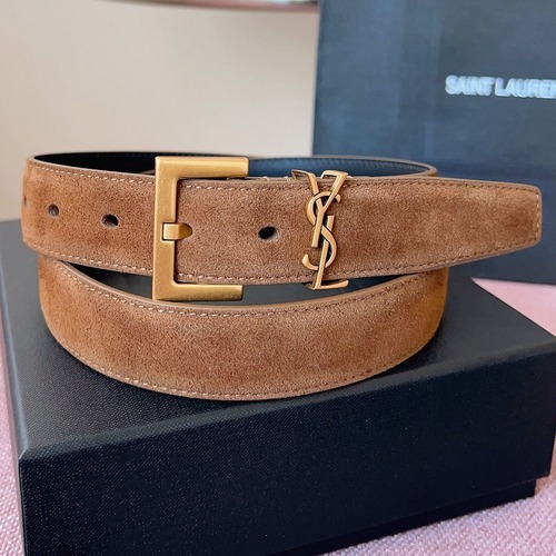 SAINT LAURENT Suede Monogram Leather Belt 생로랑 스웨이드 모노그램 가죽 벨트 3cm폭 브라운 골드버클