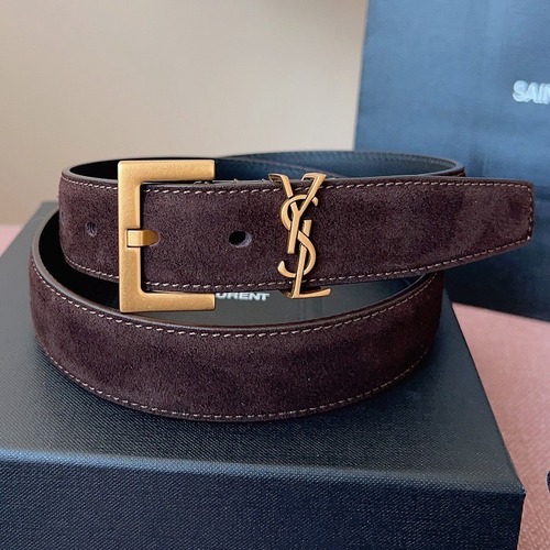 SAINT LAURENT Suede Monogram Leather Belt 생로랑 스웨이드 모노그램 가죽 벨트 3cm폭 버건디 골드버클
