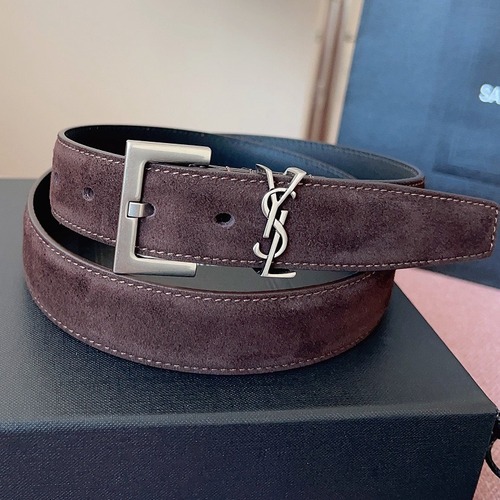SAINT LAURENT Suede Monogram Leather Belt 생로랑 스웨이드 모노그램 가죽 벨트 3cm폭 버건디 실버버클