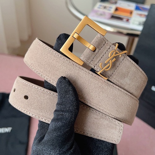 SAINT LAURENT Suede Monogram Leather Belt 생로랑 스웨이드 모노그램 가죽 벨트 3cm폭 핑크 골드버클
