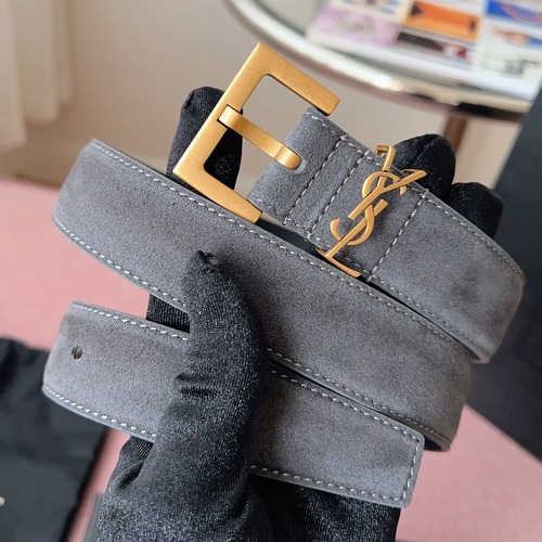 SAINT LAURENT Suede Monogram Leather Belt 생로랑 스웨이드 모노그램 가죽 벨트 3cm폭 그레이 골드버클