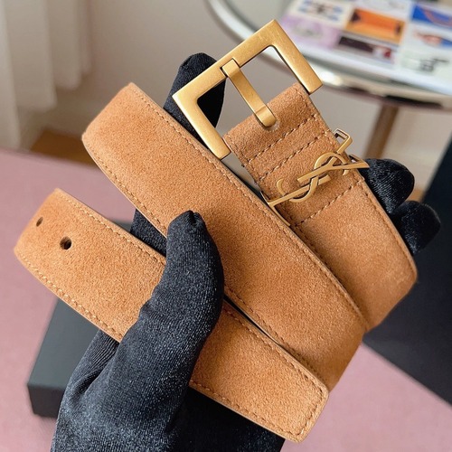 SAINT LAURENT Suede Monogram Leather Belt 생로랑 스웨이드 모노그램 가죽 벨트 3cm폭 L브라운 골드버클