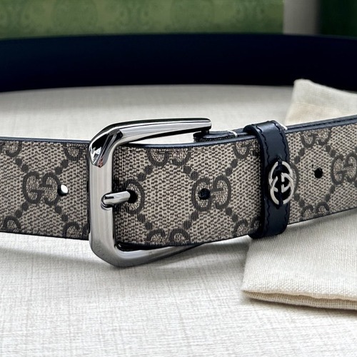 GUCCI GG Supreme Canvas Belt Brown Trim 구찌 GG 슈프림 캔버스 벨트 메탈그레이