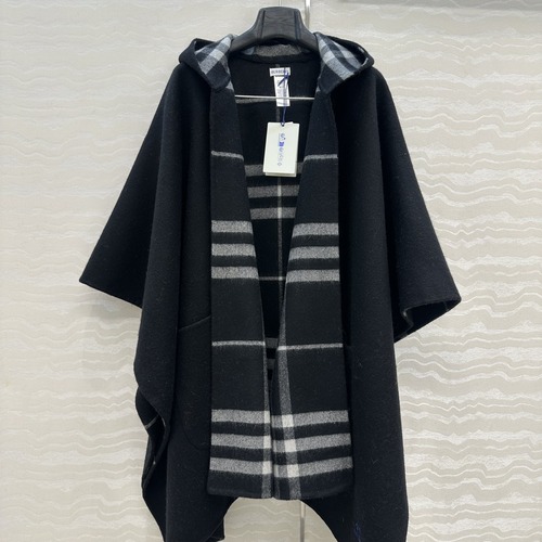 Burberry 버버리 스코틀랜드 체크 양면 캐시미어 후드 케이프 숄