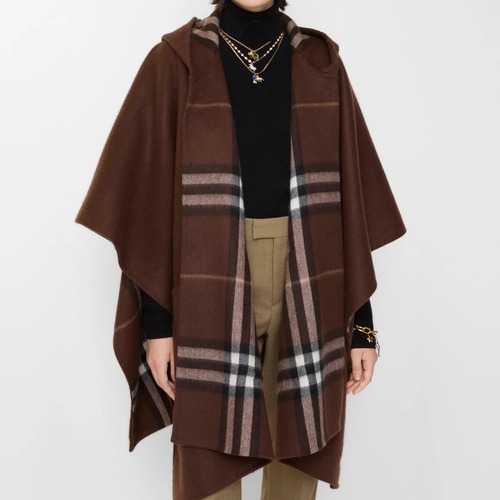 Burberry 버버리 스코틀랜드 체크 양면 캐시미어 후드 케이프 숄