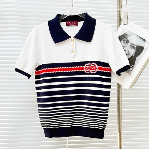GUCCI 구찌 스트라이프 니트 폴로 반팔 여성용