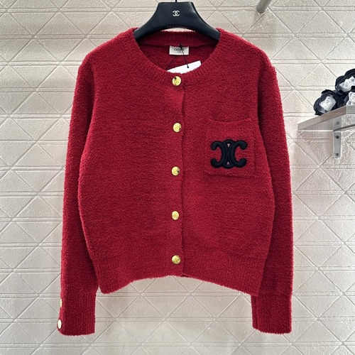 Celine 셀린느 레드 골드버튼 로고 니트 가디건