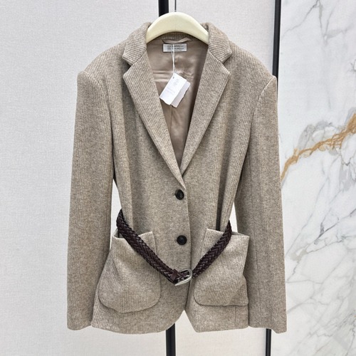 Brunello Cucinelli 니트 울 블렌드 허리 벨트 자켓