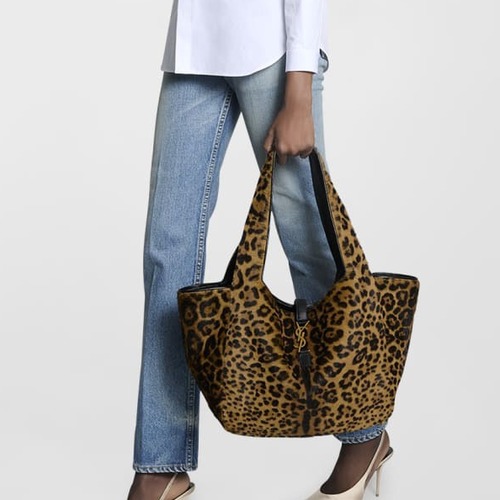 SAINT LAURENT 생로랑 베아 레오파드 헤어카프 쇼핑 토트 호보백 763435 50CM