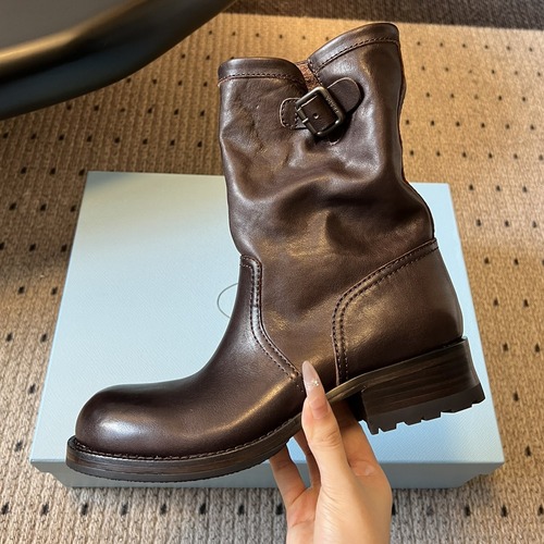 Prada 프라다 Prada 프라다 여성 레더 미들 라이딩 부츠