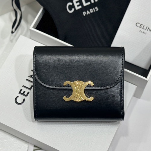 Celine 셀린느 트리오페 미니 플랩 반지갑 스무스 카프스킨 블랙 골드