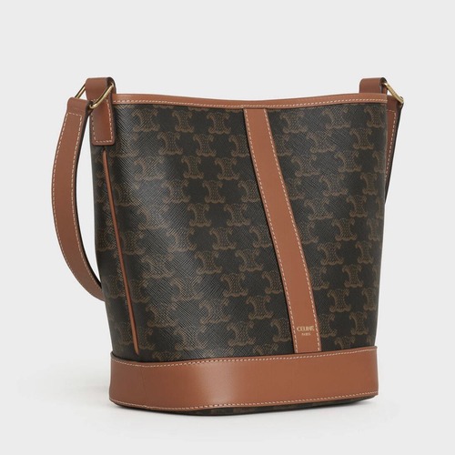 Celine 셀린느 트리오페 캔버스 미니 버킷백 코팅 캔버스 카프스킨 브라운 22cm