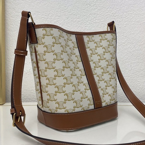 Celine 셀린느 트리오페 캔버스 미니 버킷백 코팅 캔버스 카프스킨 브라운 22cm