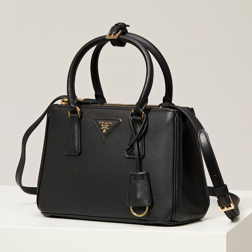 Prada 프라다 갤러리아 스몰 토트백 그레인드 카프스킨 카멜 블랙 골드 하드웨어 1BA896 20cm